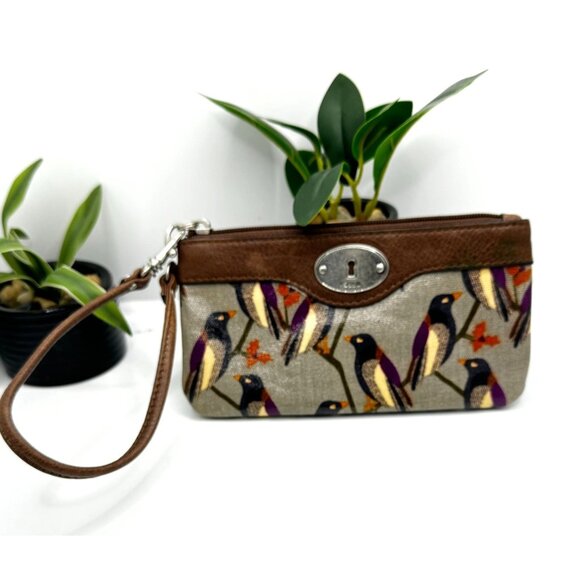 Fossil Key Per Bird Print Wristlet Purse With Brown Leather Trim & Multiple Comp - Picture 10 of 10